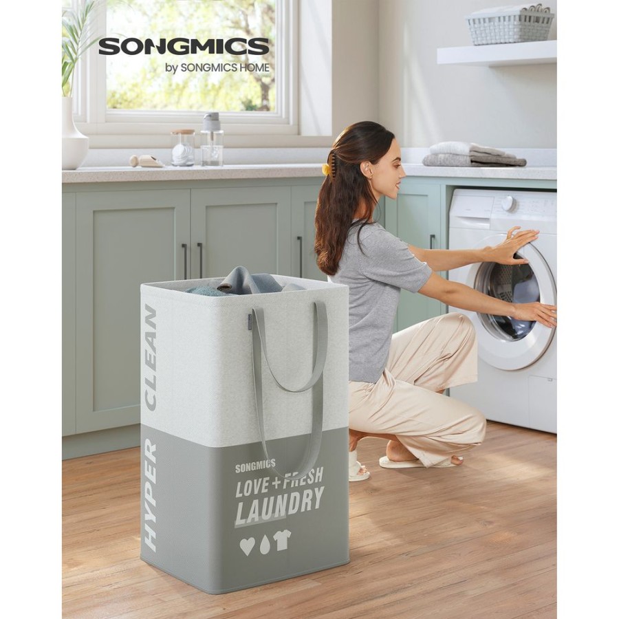 Songmics Paniers A Linge | 90L-Panier-A-Linge-2-Compartiments-Gris-Clair-Lcb209