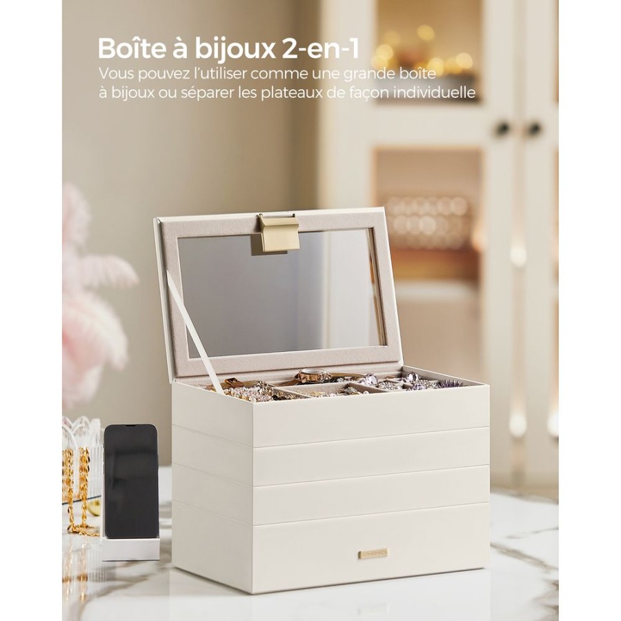 Songmics Boites A Bijoux | Songmics-Boite-A-Bijoux-Avec-4-Plateaux-Empilables-Blanc-Jbc164