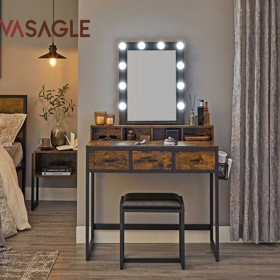 Songmics Coiffeuses | Vasagle-Coiffeuse-Avec-Tabouret-Et-Miroir-Led-Rvt014