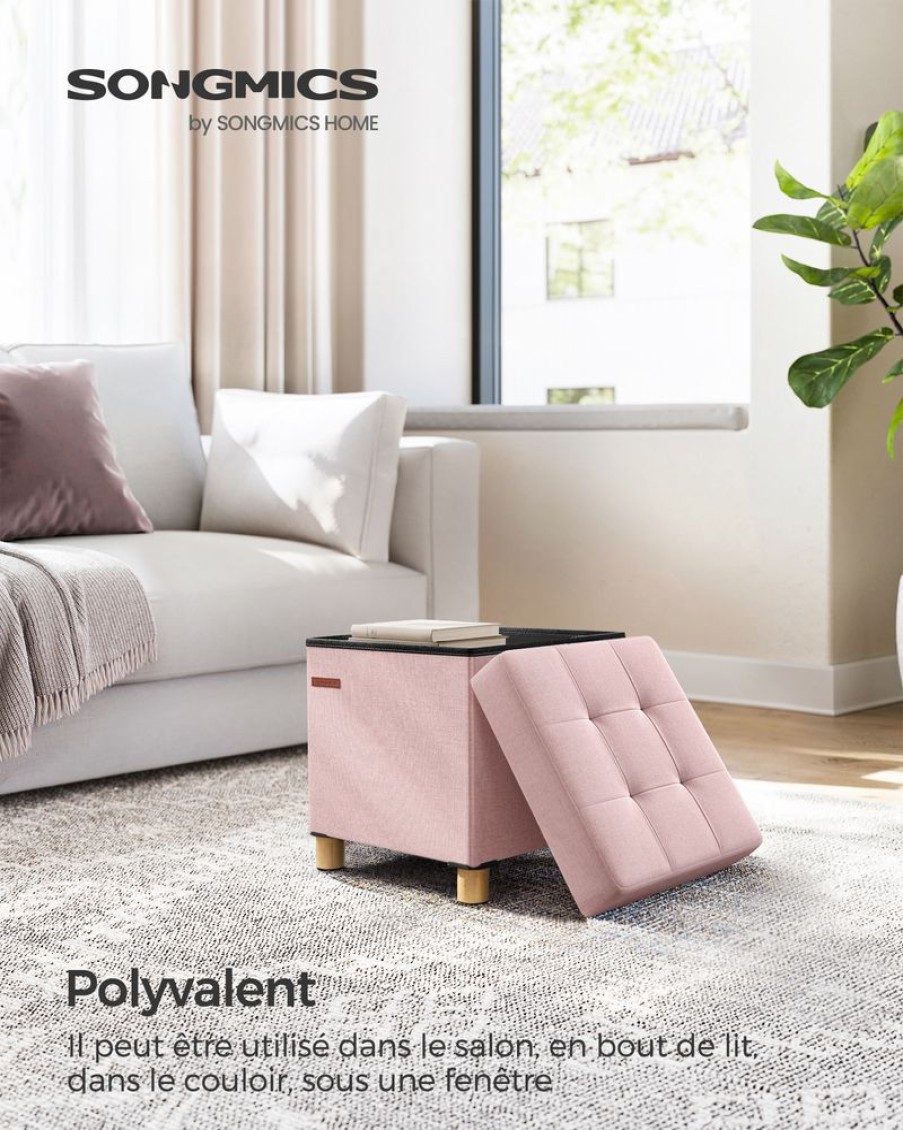 Songmics Bancs De Rangement | Songmics-Pouf-Avec-Rangement-Pliable-Rose-Bonbon-Lsf014