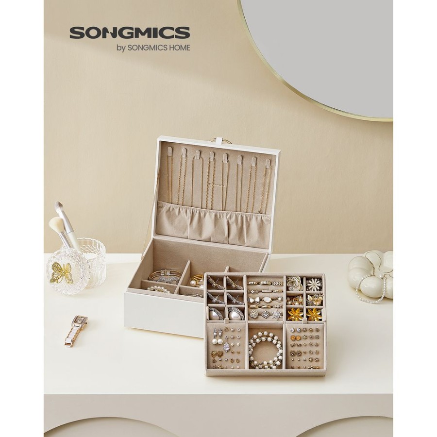 Songmics Boites A Bijoux | Songmics-Boite-A-Bijoux-2-Niveaux-Avec-Poignee-Blanc-Jbc165