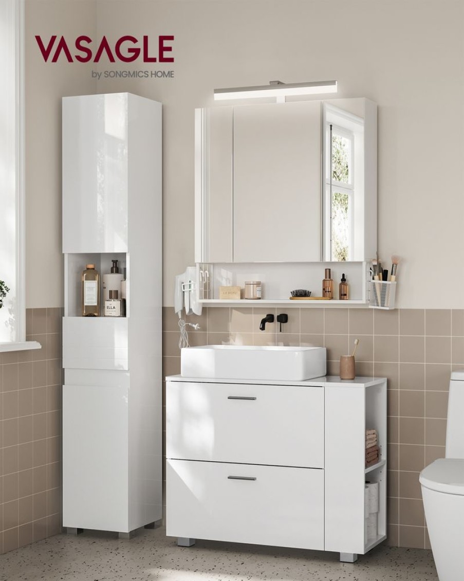 Songmics Placards | Vasagle-Meuble-Sous-Lavabo-2-Tiroirs-Avec-Rangement-Ouvert-Blanc-Nuage-Bbk502