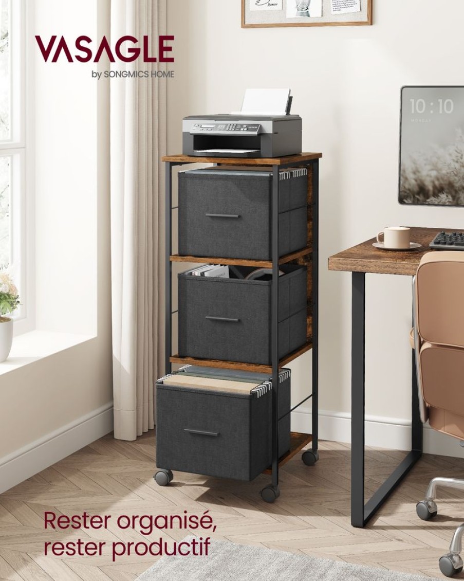 Songmics Caissons De Bureau | Vasagle-Caisson-Bureau-Mobile-3-Tiroirs-Marron-Rustique-Noir-Ofc058