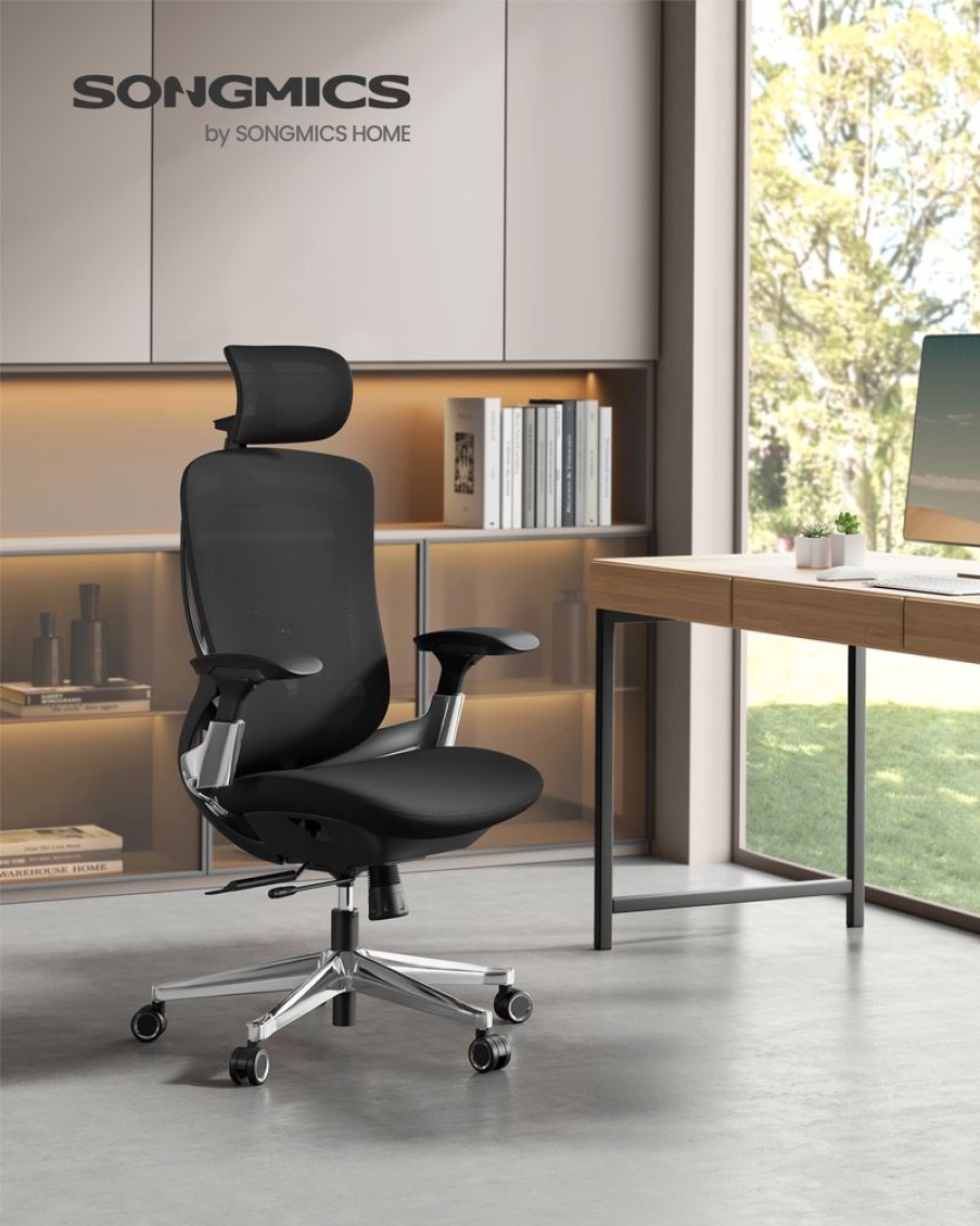 Songmics Bureau | Songmics-Fauteuil-Ergonomique-Reglable-En-Toile-Noir-Dencre-Obn068