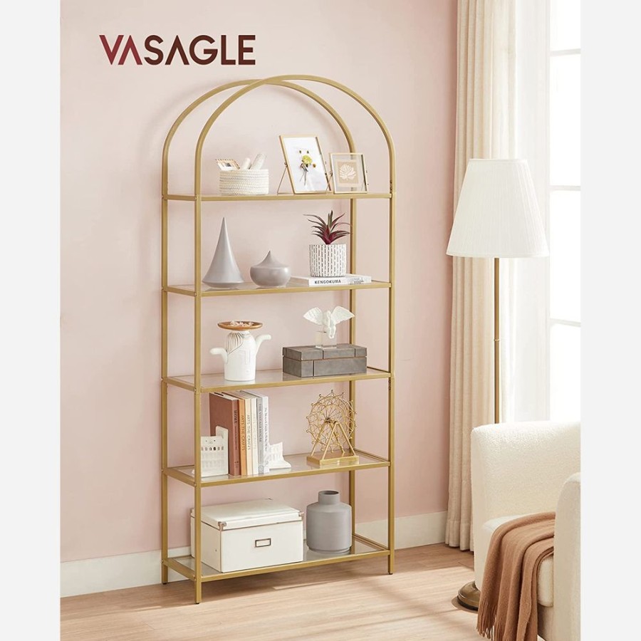 Songmics Etageres & Bibliotheques | Vasagle-Etagere-5-Niveaux-Verre-Dore-Lgt050