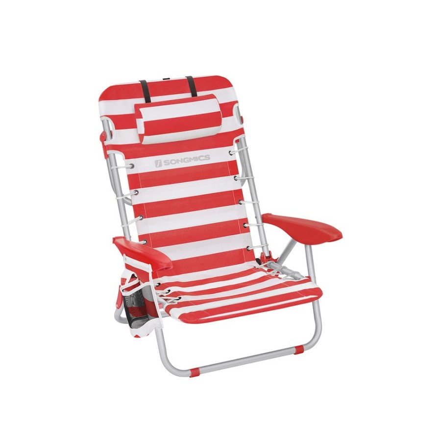 Songmics Chaises D'Exterieur | Songmics-Chaise-De-Plage-Pliante-Rouge-Blanc-Gcb062