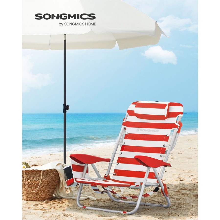 Songmics Chaises D'Exterieur | Songmics-Chaise-De-Plage-Pliante-Rouge-Blanc-Gcb062